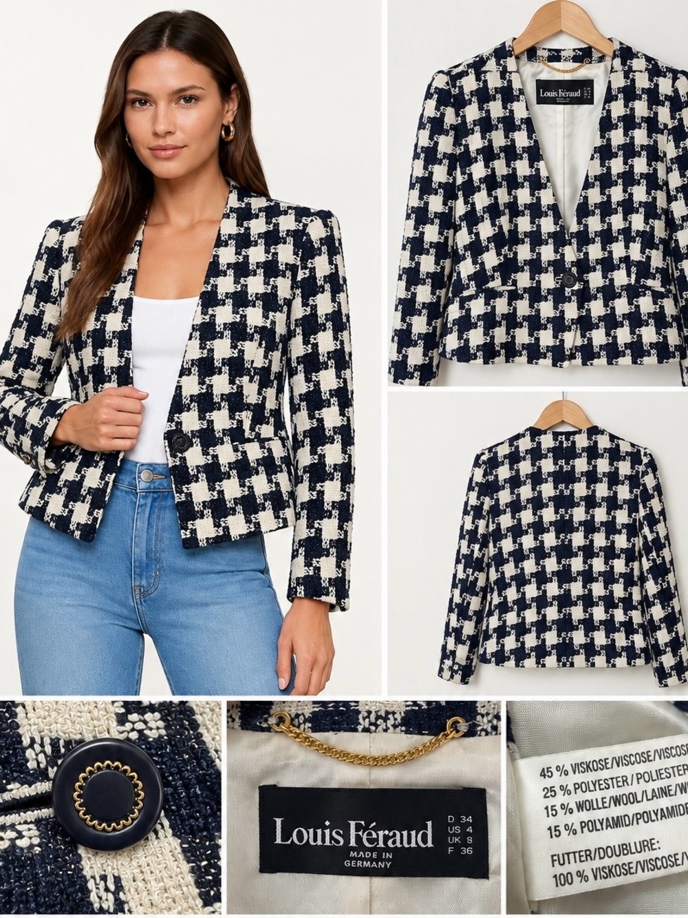 Vintage Louis Féraud Houndstooth Wool Blazer Jacket Coat Blue White Size 4